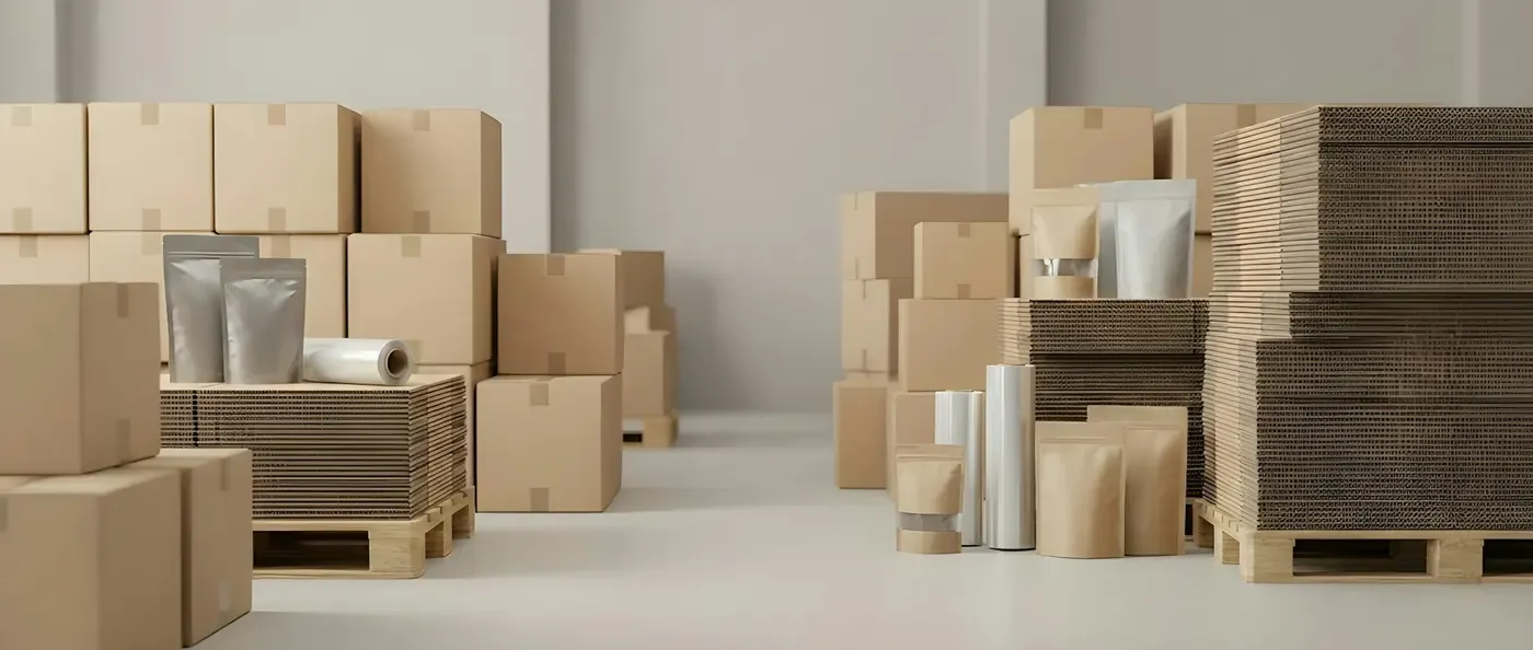 Depósito com caixas de papelão e materiais de embalagem